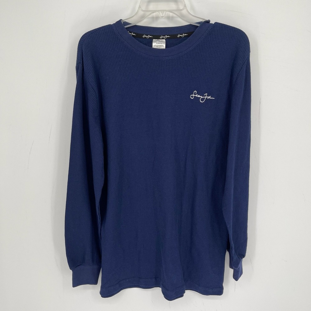 Sean John Men's Blue Logo Waffle Knit Long Sleeve Thermal Shirt Top Size XL